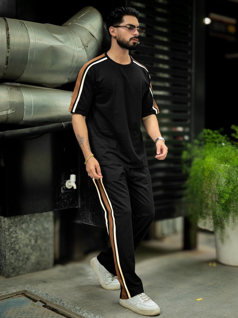 Maniac Mens Colorblock Side Tape Round Neck Half Sleeve Black and Brown Cotton Co-Ords - Image 1